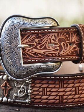 Tooled Leather Western Belt with Engraved Silver Buckle - Brown